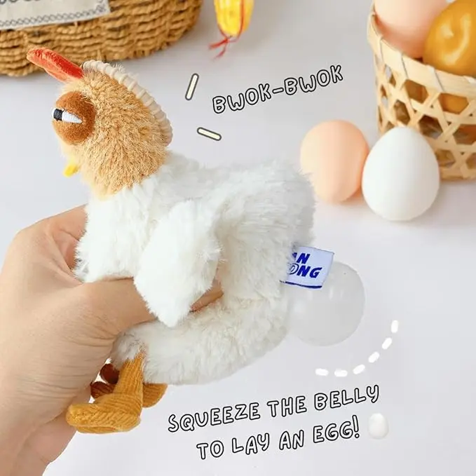 Fluffy Chicken Keychain, Playful Plush Animal Bag Charm with Squeaky Egg-Laying Action, Funny Gag Gift for Birthdays & April Fools' Pranks, Animals, Chicken Form, Soft Plush, Funny Eyes