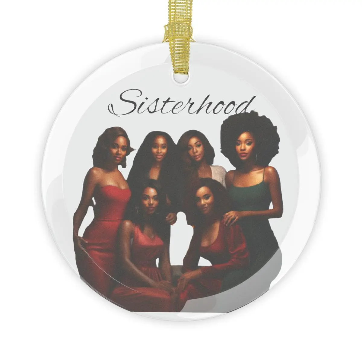 Sisterhood 3.5" (88.9mm) Round Glass Ornaments - 1-Sided Printed Black Women's Holiday Decor, Gold Ribbon Bundles, 50-Piece Home Supplies, 1-Size Christmas Tree Gift for Home & Room Decor