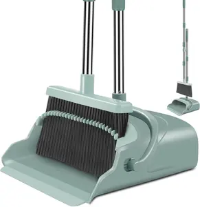 Upgrade Broom and Dustpan Set, Large Size and with Long Handle, Upright,Ideal for Indoor Outdoor Garage Kitchen Room Office Lobby Use (Green)