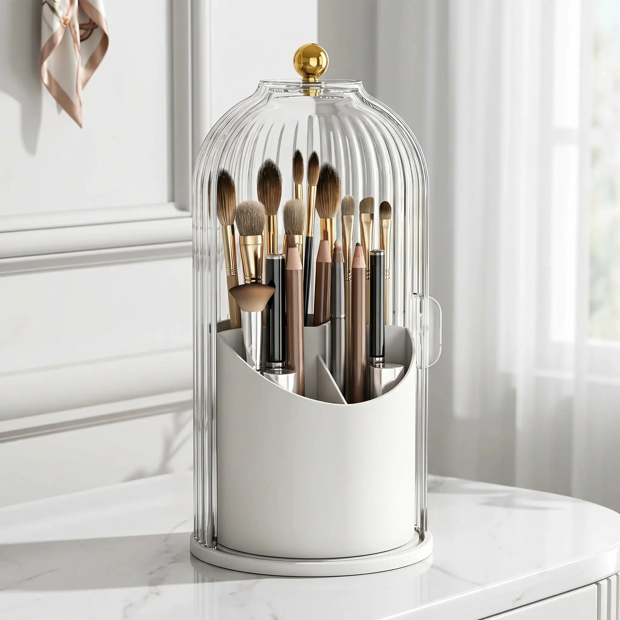 360° Rotating Cosmetic Brush Storage Basket, Makeup Brush Holder Organizer with Clear Dustproof Lid, Multi-grid Countertop Makeup Storage Box, Tooth Brush Toothpaste Holder, Desktop Makeup Organizer for Vanity Dresser Bathroom & Office, Beauty Organiser