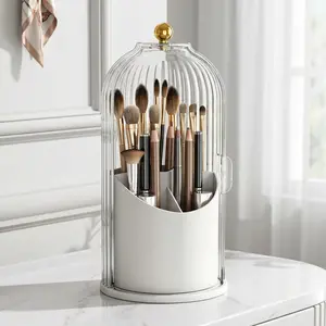 Makeup Brush Holder with Lid 360 Rotating Clear Dustproof Organizer for Vanity Bathroom Countertop Transparent Storage Solution