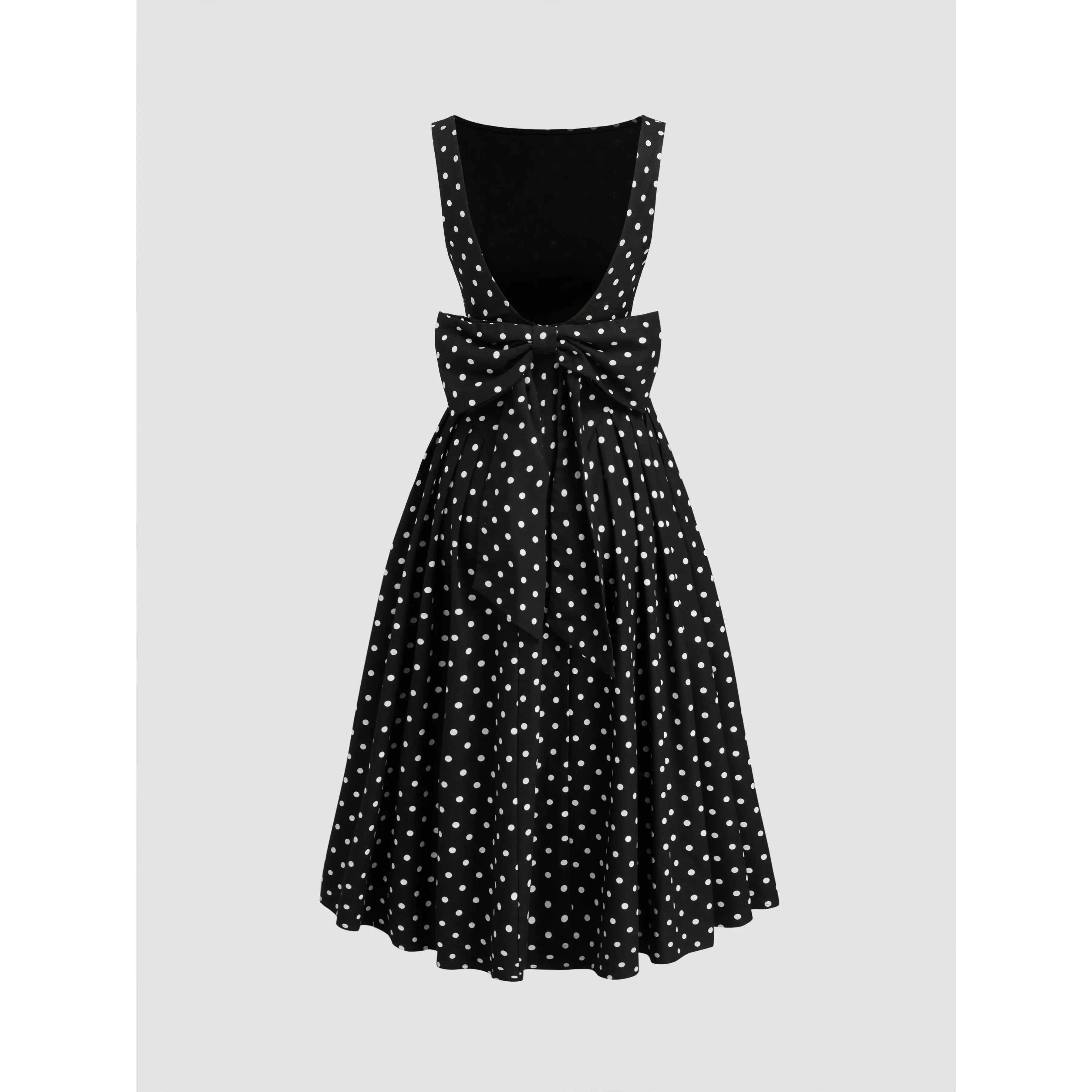 Cider Linen-blend Boat Neck Polka Dot Backless Bowknot Midi Dress - TikTok  Shop