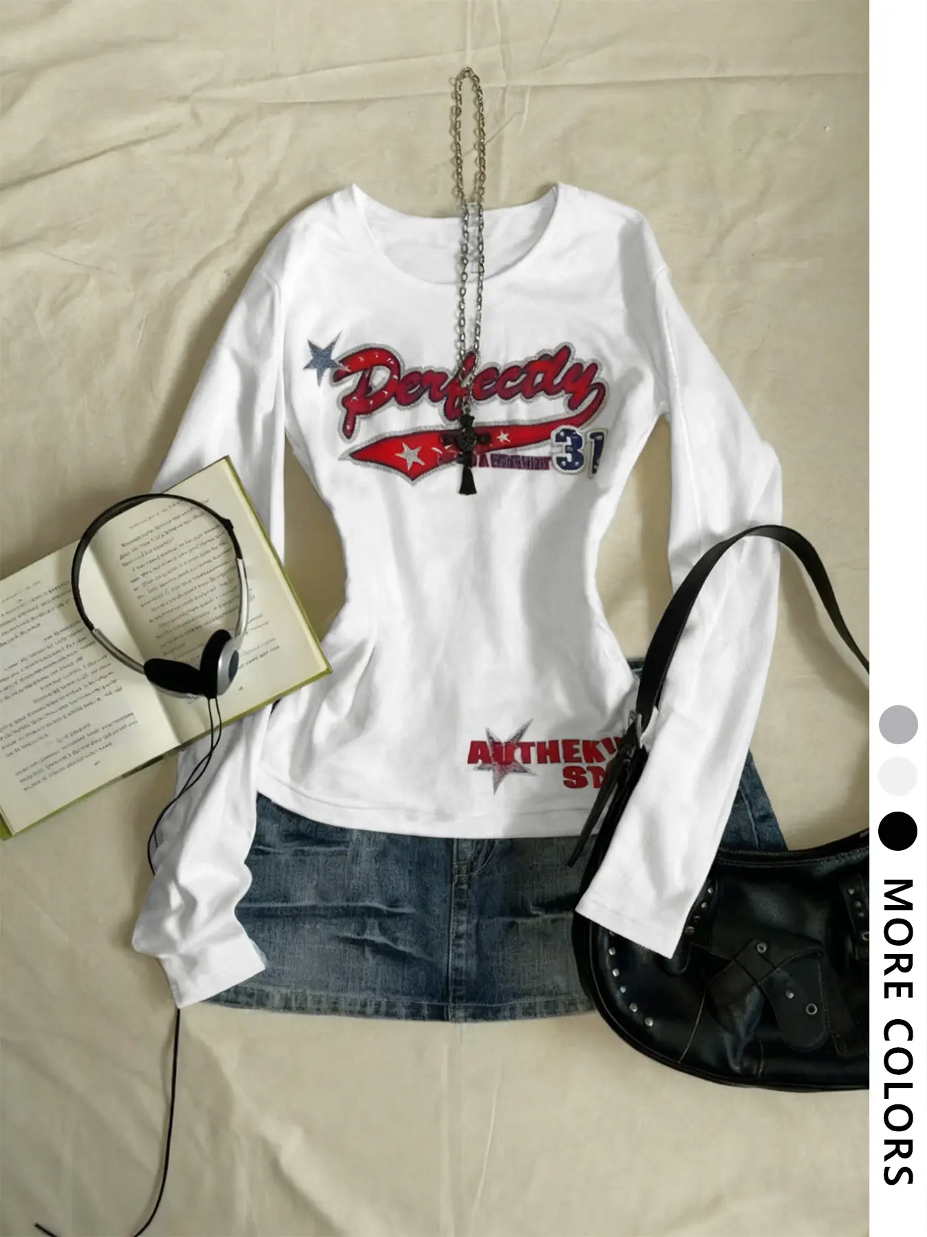 Women's Long Sleeve Round Neck Bold Graphic Tee, Bold Statement Tee, Casual Fitted Top for Daily Wear, Everyday Comfortable Street Style, Vintage Urban Fashion, Streetwear