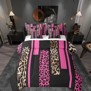 7 Pieces Leopard Comforter Set,Abstract Wlid Cheetah Skin Rustic Bedding Set,Geometric Stripes Patchwork Fashion Pink Brown（Comforter+Fitted+Flat Sheet+2 Pillowcases+2 Throw Pillow Covers）