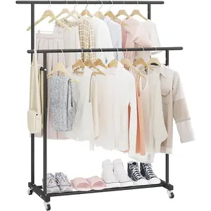 Calmootey Double Rod Clothing Garment Rack,Rolling Hanging Clothes Rack,Portable Clothes Organizer for Bedroom,Living Room,Clothing Store,Black