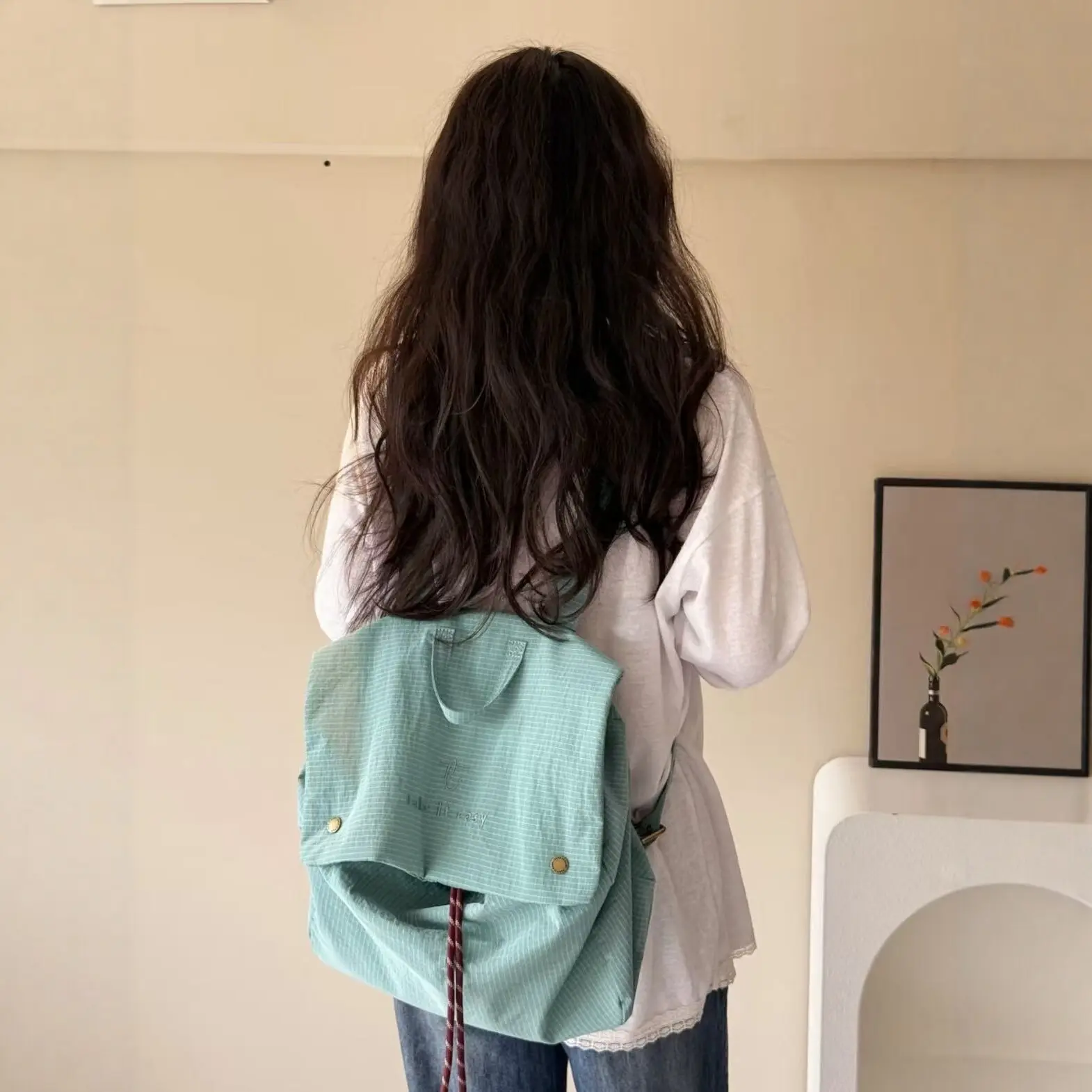 Mint Green Grid Drawstring Flap Backpack, Minimalist Embroidery Take It Easy Lightweight Nylon Casual Daypack For Women