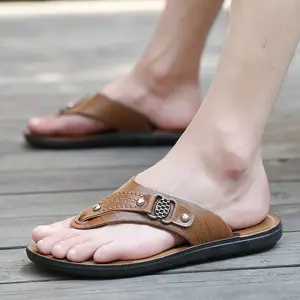 Men's Flip Flops Leather Thong Sandals Non-Slip Casual Beach Shoes