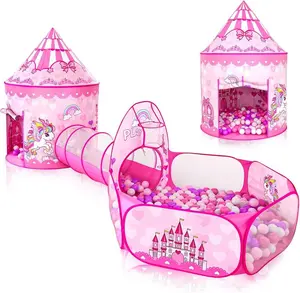 Apojungle 3PC Princess Tent for Girls with Kids Ball Pit & Crawl Tunnel Pink Pop Up Playhouse Toys Indoor Outdoor Birthday Christmas Gifts Inflatable Bounce House