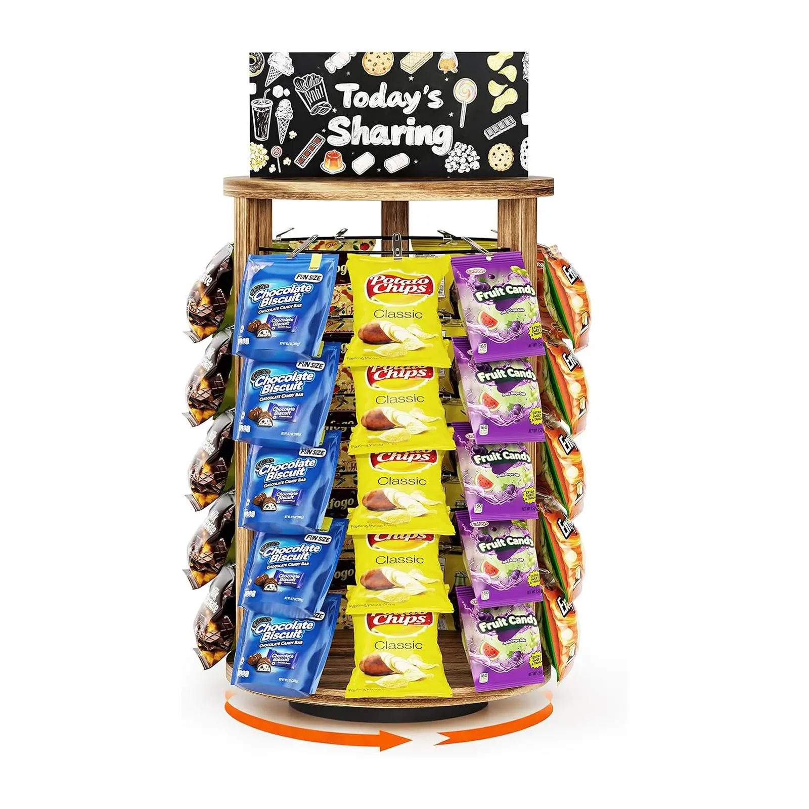 Emfogo chip Rack Display Stand for Countertop Retail Store, 5 Tier Rotating Snack Organizer with 50 Clips, Brown Wooden Base Chip Holder Display Rack with 11 x 4 Inch Message Board for Concession Stand Party Office Kitchen