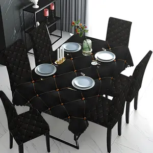 5/7 Pcs 2D Flat Black Diamond Lattice Gold Line Print Tablecloth And Chair Cover Set, Stretch Removable Washable Chair Slipcover, Luxury Elegant Dining Chair Protector Dining Chair Slipcovers For Home Banquet Wedding Party Decor Versatile Use