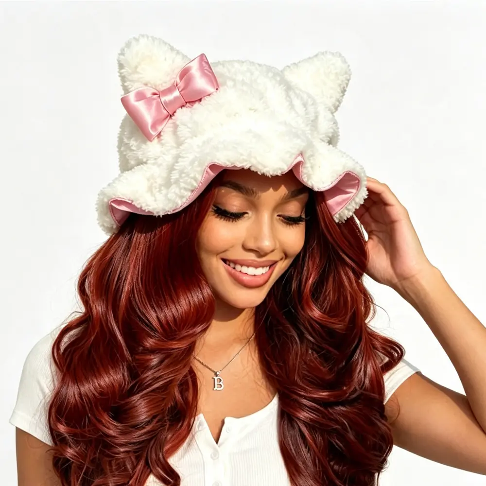 Women's Double Layer Satin -Teddy Bear Bonnet Heatless Care & Styling Tool for Curly Hair Sleeping Night Cap