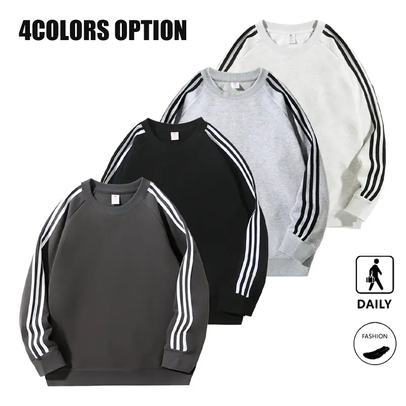 Men’s minimalist basic three-stripe crewneck athletic sweatshirt, casual long-sleeve design with raglan sleeves, solid color, versatile for outdoor activities and commuting