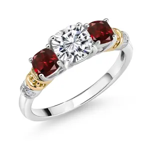 925 Sterling Silver and 10K Yellow Gold IGI Certified Lab Grown Diamond and Garnet 3 Stone Ring For Women | 1.89 Cttw | Center 1 Ct Cushion Diamond | E-F Color | VS1-VS2 Clarity