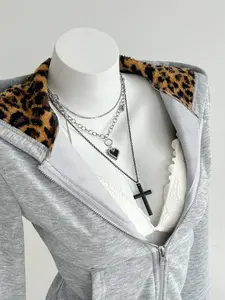 Women's Leopard Print Pockets Hooded Jacket, Long Sleeve Loose Fit Zipper Sweatshirt, Casual Comfortable Daily Wear, School Style Tops
