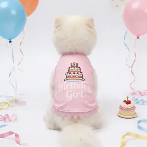 Pink 'Birthday Girl' Dog & Cat Tank Top - Lace Trim Cake Print Pet Costume Vest, Cute Birthday Pet Vest for Dogs, Cute Birthday Party Clothing for Small Medium Female Dogs & Cats