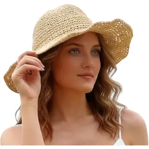 Sun Hats for Women Wide Brim Floppy Beach Hats Packable Boho Crochet Straw Hat for Summer Vacation Travel