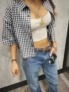 Women's Plaid Short Sleeve Shirt Blouse, High Street Vintage Style, Casual Unique Trendy Fashion, Streetwear Fresh Simple Outdoor Wear
