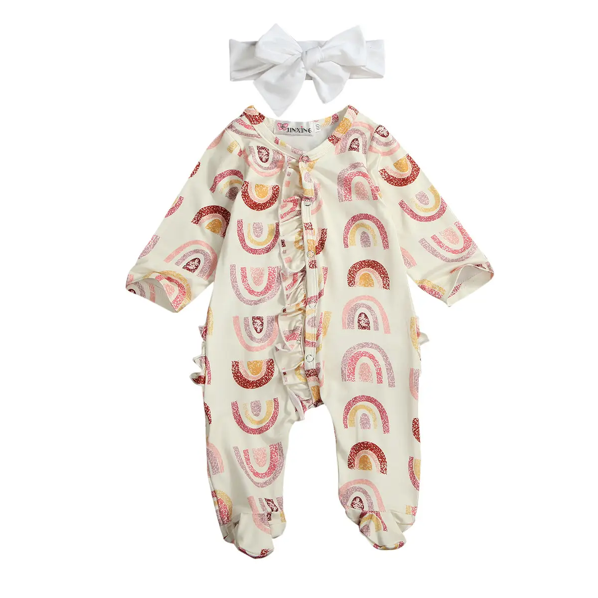 LAGKIYOJ Newborn Infant Baby Girl Clothes Outfits Fall Winter Long Sleeve Ruffle Romper Jumpsuit Rainbow Print Onepiece Footie Onesie with Headband