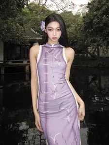 Summer new Chinese indigo lanluo designer small hand-painted purple cheongsam dress