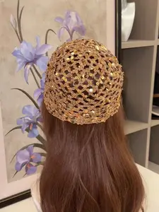 Women's Hollow Crochet Sequin Beanie Hat, Vintage Aesthetic Knotted Beret, Trendy Sparkly Mesh Painter Cap, Everyday Wear & Street Look
