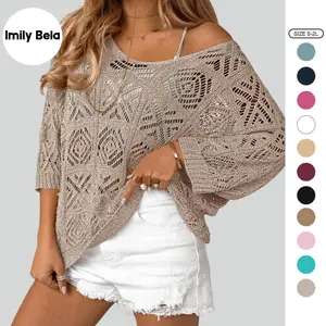 Imily Bela Womens Crochet Cover Up Top Summer 3/4 Sleeve Off Shoulder Sweater Shirts Mesh Boho Beach Swimsuit Coverup