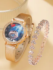 Funny Cartoon Watch Face Set with Bracelet, Fun Design & Sparkling Elements, Women's Casual Analog Quartz Wristwatch, Rhinestone Wristwatch