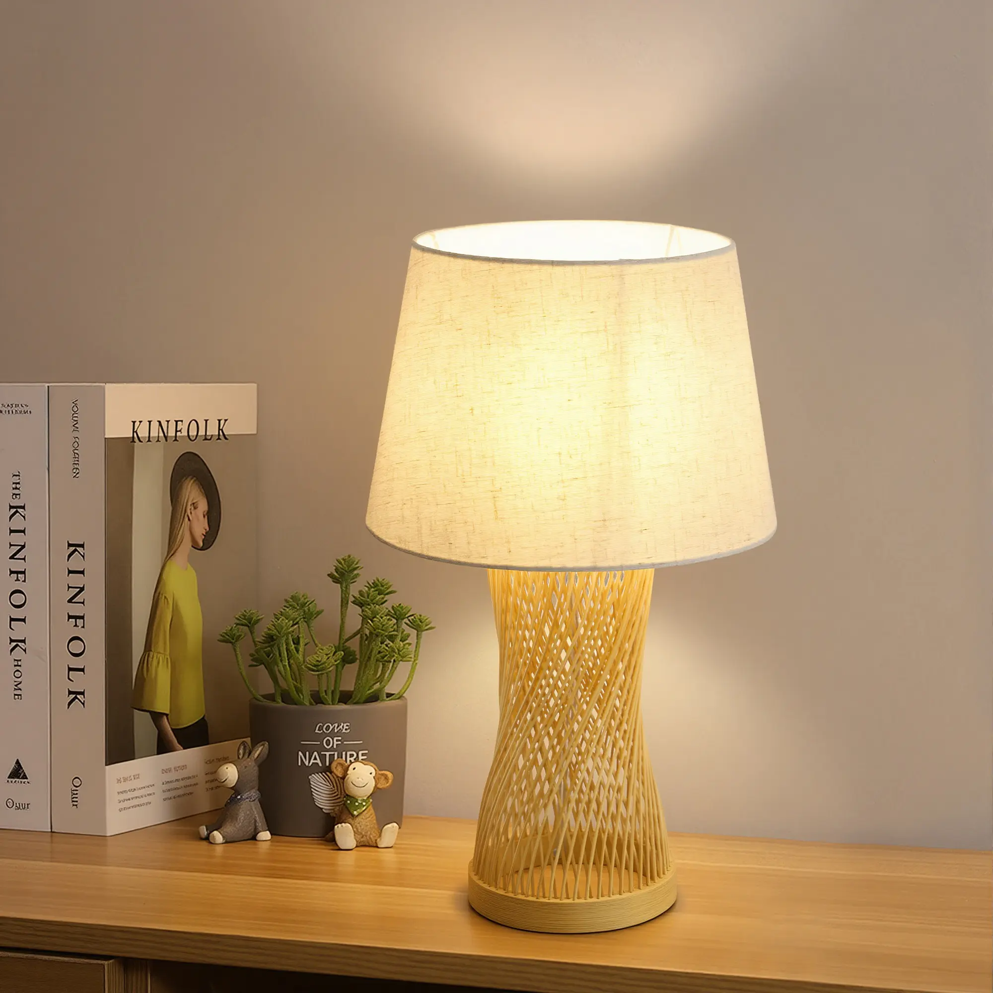 Booniture Boho Bamboo Lamp - Hourglass-shaped base, Rustic Eco-Friendly, 5.25ft Cord, Soft Linen Shade, Table Lamp, Free E26 Bulb, Lights, Desk Lamp, Homevibes, Cozyathome, WeeklyDeals