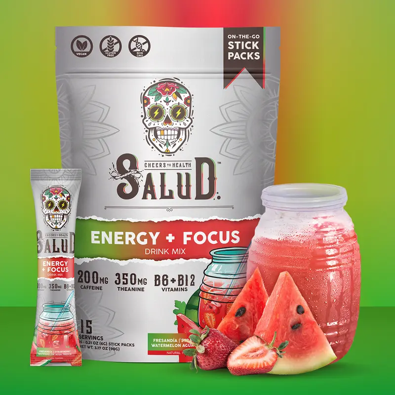 Salud 2-in-1 Energy Drink Powder + Focus – Fresandía Flavor – with Organic Caffeine, B6 & B12, L-Theanine & Threonine - 200mg & 350mg, 350 Servings (15), Vegan & Gluten Free - Healthcare, Dietary