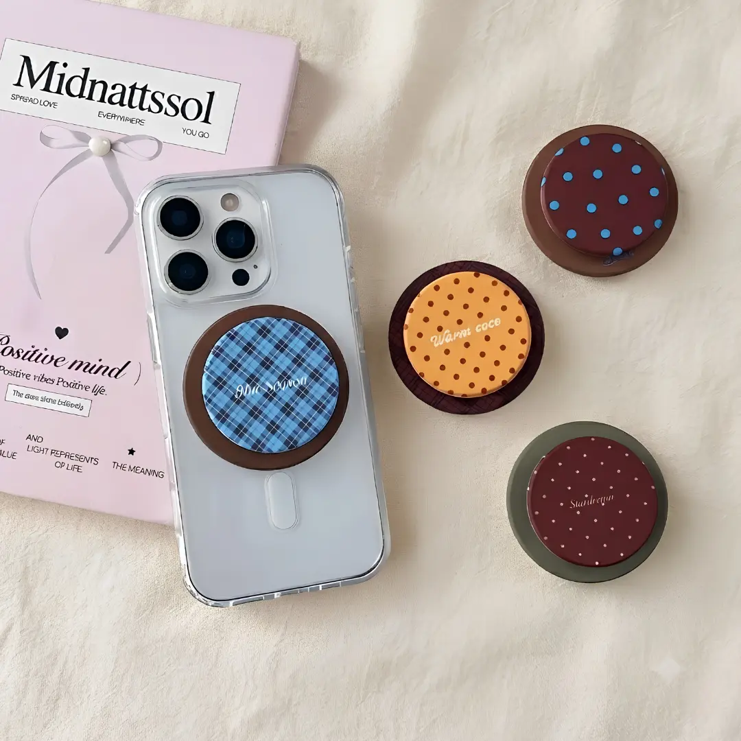 Retro Vintage Phone Grip, Chocolate Brown Plaid Pattern Phone Holder, Cute Aesthetic Cell Phone Stand Grip, Kawaii Y2K Phone Accessory Gift