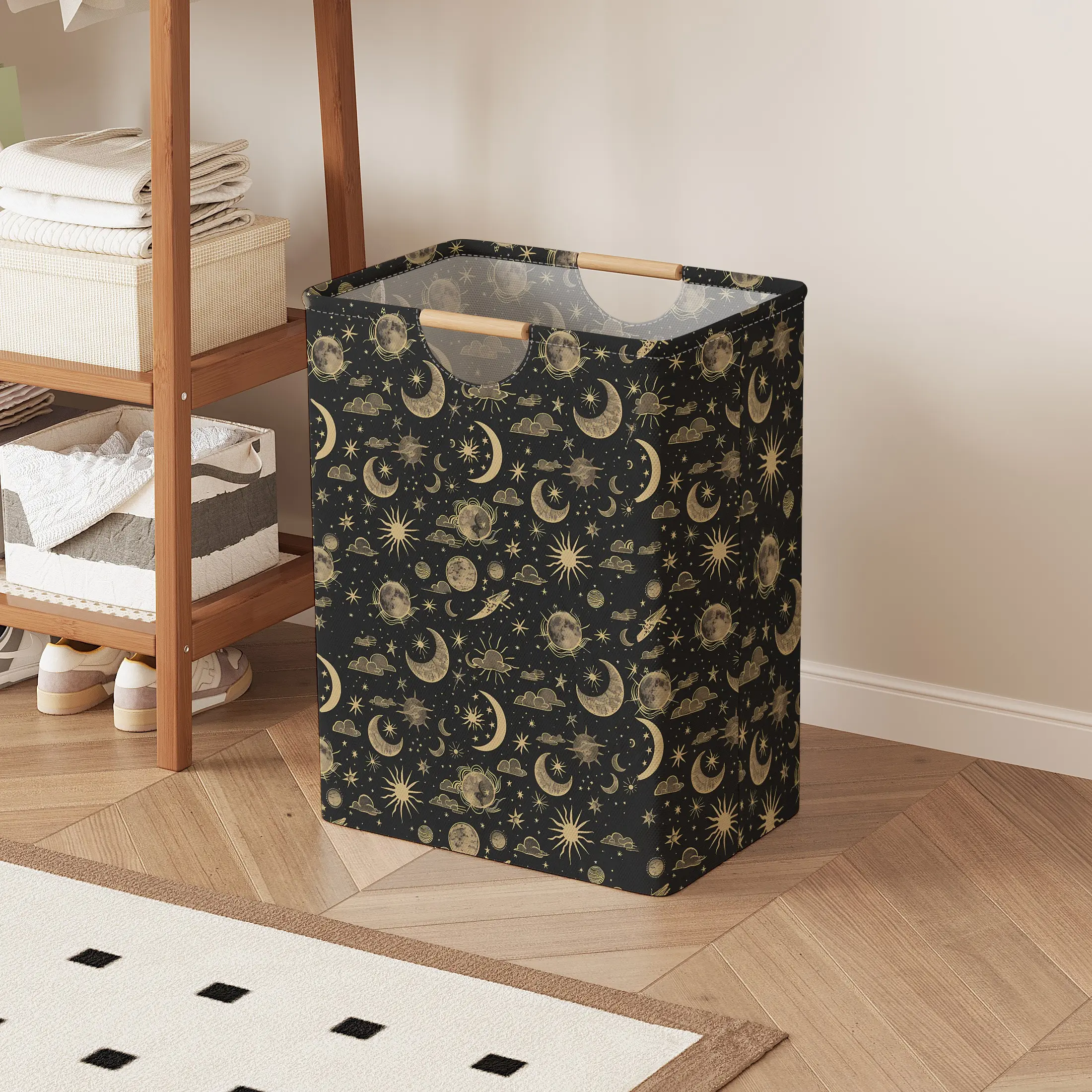 Sun Star Moon Pattern Open Storage Box, Unique Pattern Foldable Laundry Basket with Handle, Home Bathroom Collapsible Clothes Organizer Bucket, Collapsible Clothes Hamper