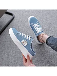 Women's High Top Denim Canvas Sneakers Platform Sole Distressed Edge Casual Daily Wear Footwear