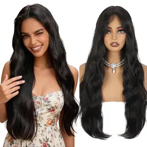 AISI HAIR Long Water Wavy Wigs with Curtain Bangs for Women Layered Synthetic High Density Heat Resistant Body Hair Wig for Daily Party
