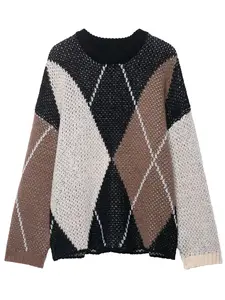 Women's Long Sleeve Round Neck Ribbed Layered Elastic Hem Casual Commuter Diamond Pattern Knit Sweater Pullover