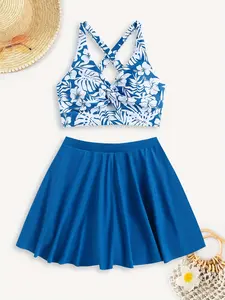 Women'S Blue Bikini Set, Flower White Pattern Cross With Hollow Deep V Swimsuit, Bikini Two Piece Set