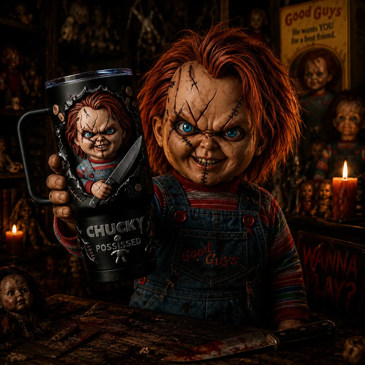 Chucky Possessed 40oz Stainless Steel Tumbler With Handle, Horror Movie Collector Vacuum Insulated Stainless Steel Travel Mug Gift, Halloween Theme Tumbler