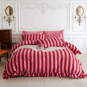 Pink Striped Ruffle Bedding Set 3 Piece, Includes 1 Duvet Cover + 2 Pillowcases,No Insert  Ultra Soft Cloudy Texture, All Seasons, Perfect Birthday Gift Valentine's Day Gift