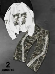 Men's Fashion Stylish Casual Loose Two-Piece Set, Outfit, Letter & Number Print Camouflage Long Sleeve Sweatshirt and Drawstring Camo Wide Leg Pants, Spring Summer Sports Wear