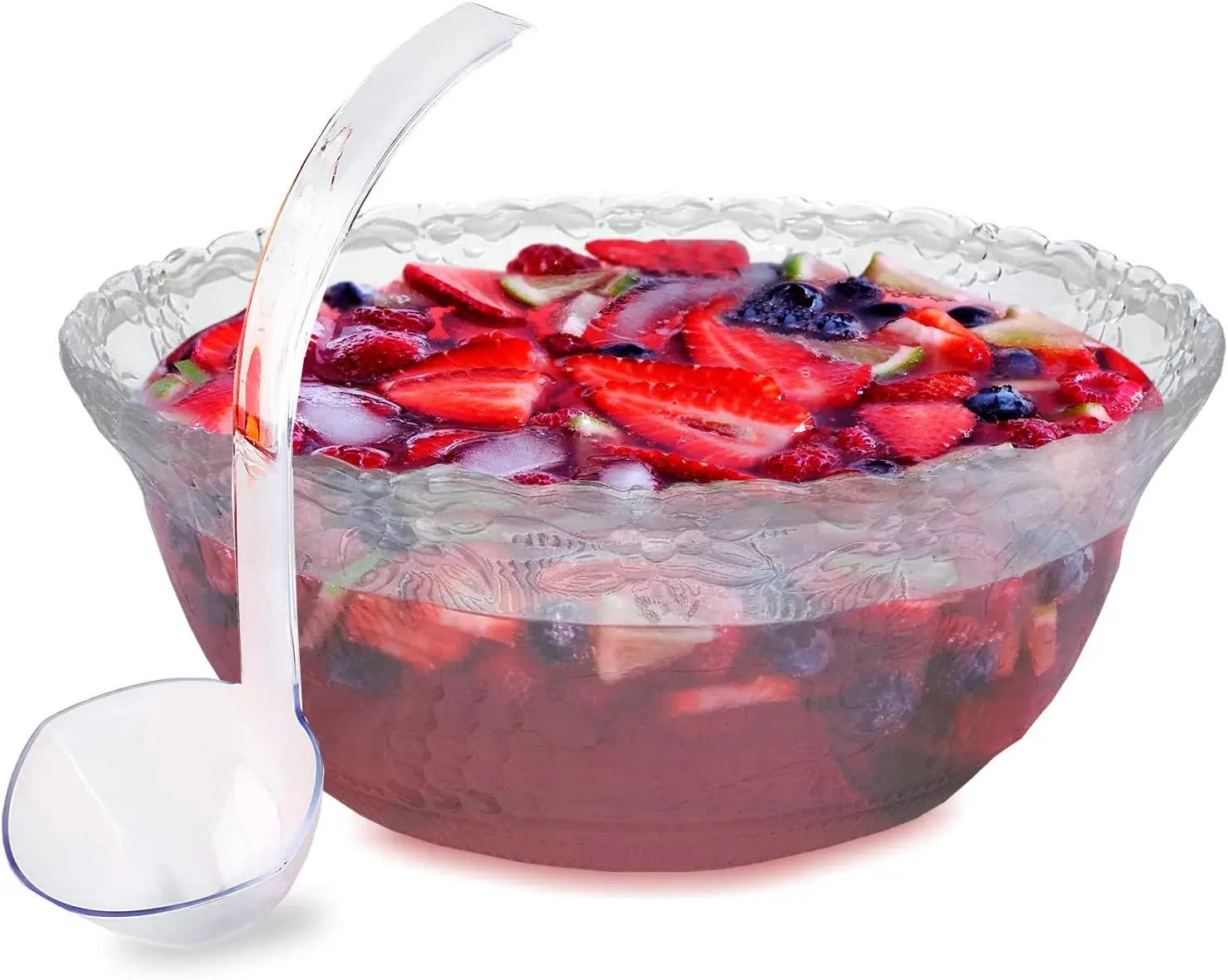 Heavyweight Clear Plastic 2-Gal (8-Qt) Embroidered Punch Bowl Tableware Set with 5 oz Plastic Serving Ladle (1 Pack) for Kitchen Use