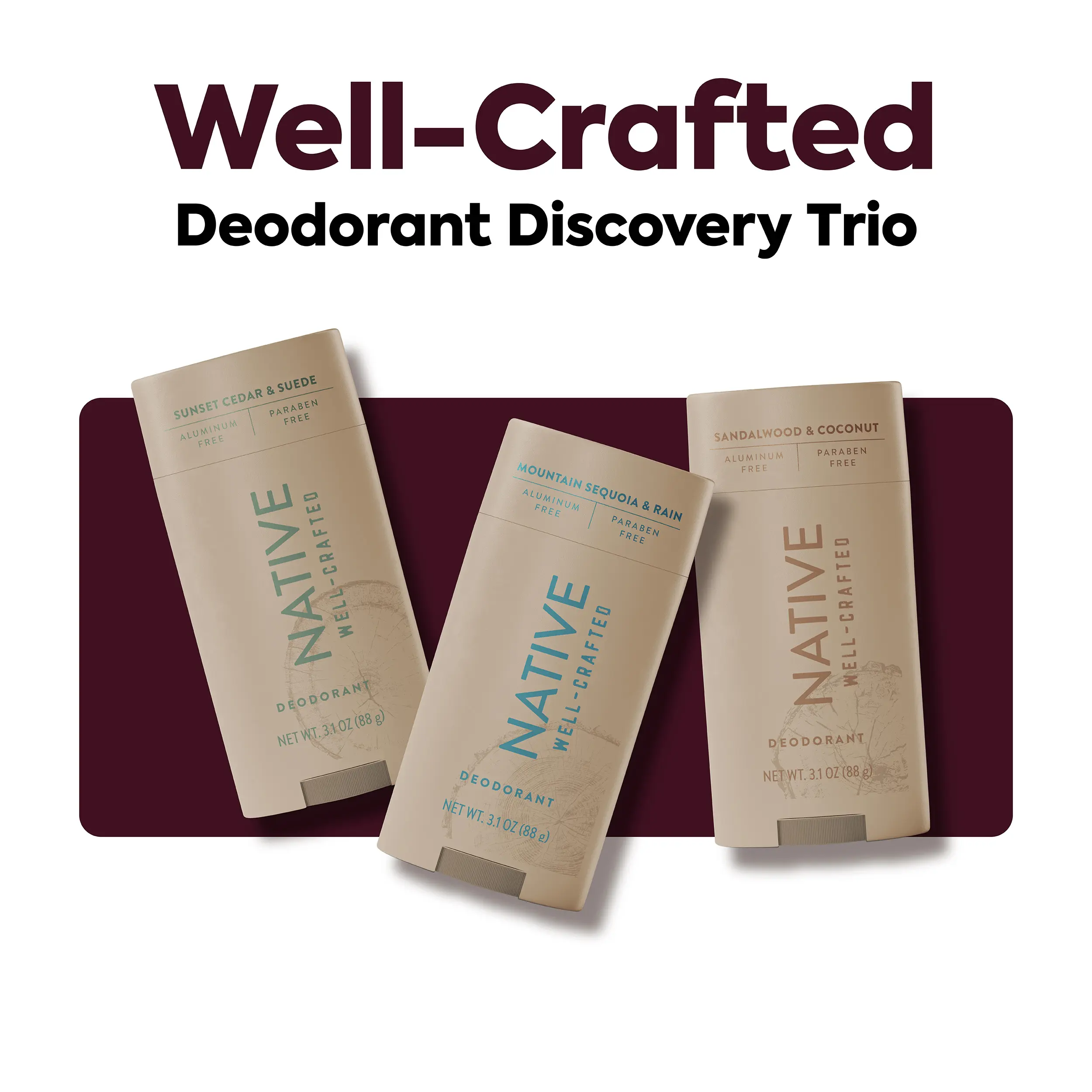 NATIVE Aluminum-Free Deodorant Stick Discovery Set – 3-Pack, 2.65 oz, 72HR Odor Protection