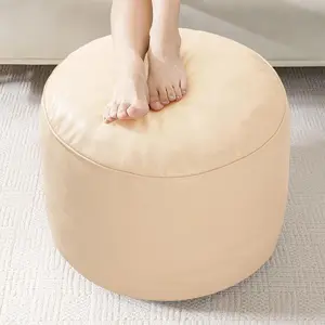 Round Stuffed Pouf Ottoman, Pu Leather Poufs with Foam Chunk Filling, Furry and Fluffy Pouf Foot Stool Storage Ottoman, 20 X 15 Floor Poufs Foot Rest for Living Room, Beige