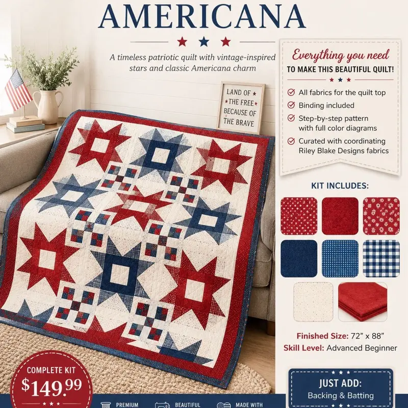Hometown Americana Quilt Kit | 72” x 88” Quilt | Fabric Kit + Printed Pattern + Binding Included