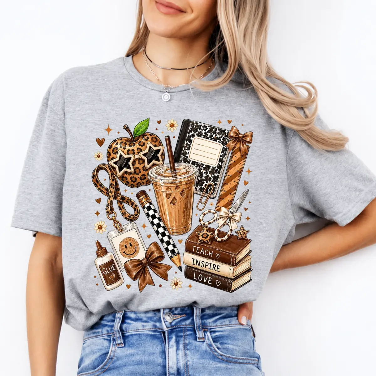 Leopard Teacher Shirt, Cute Teach Inspire Love Graphic Tee, Coffee Apple Pencil Notebook School Supplies Shirt, Back to School Teacher Gift, Trendy Brown Teacher Tee -DPCLICK