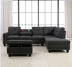 Black Grey Linen 3-Piece Sofa Living Room Sofa Set