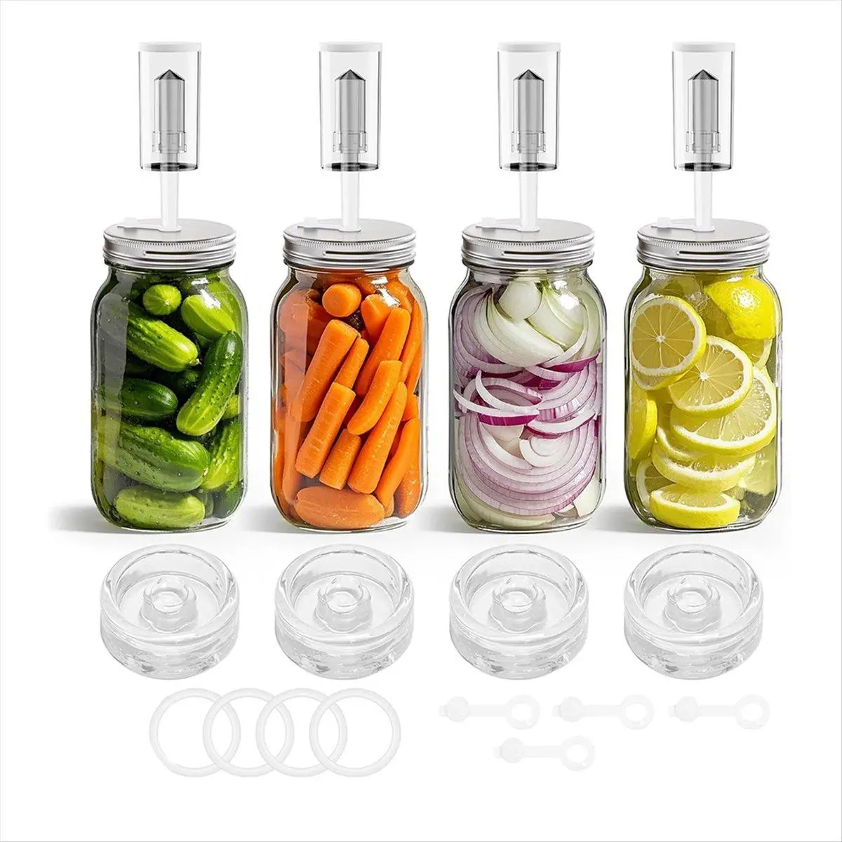 Fermentation Kit for Wide-Mouth Jars with 4 Glass Weights, 4 Airtight 304 Stainless Steel Fermenting Lids & BPA-Free Dual Channel Airlocks with Storage Plugs, 4 Wide-Mouth 304 Stainless Steel Fermentment Lids