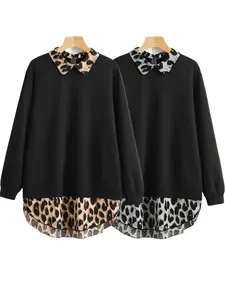 Plus Size Leopard Print Curved Hem Pullover Sweatshirt Set, Casual Long Sleeve Sweatshirt for Fall & Winter, Women's Clothing for Daily Wear, Womenswear