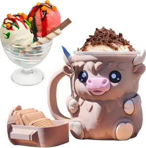 Highland Cow Ice Pint Holder, Cute Ice Cream Pint, 3D Printed Reusable Popsicle Containers, Dessert Cup, Beer Can Holders, With Antifreeze Handle and Two Spoons, Gift for Cream Lovers