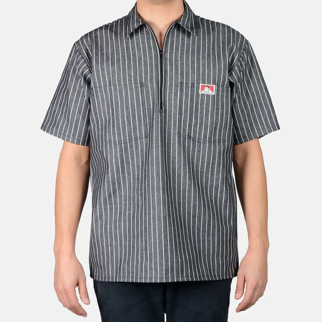 Ben Davis Men's Short-Sleeve Collared 1/2 Zip Striped Shirt - Casual Menswear Top with Pockets, shortsleeve, Butcher Stripe