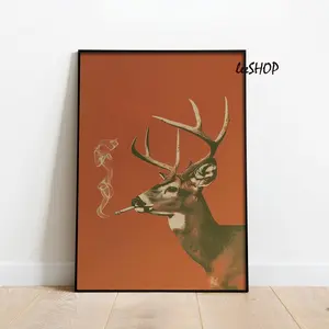 Buck Smoking a Cigarette Vintage Poster Art Funny Whitetail Deer Retro Whimsical Print Cabin Wall Decor Outdoor Sports Hunter Illustration room poster Frames Glossy