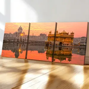 3-Piece Wood Framed Canvas Art Set, Golden Temple Sunset Triptych Posters, Modern Wall Decor for Living Room, Bedroom, Office, Corridor