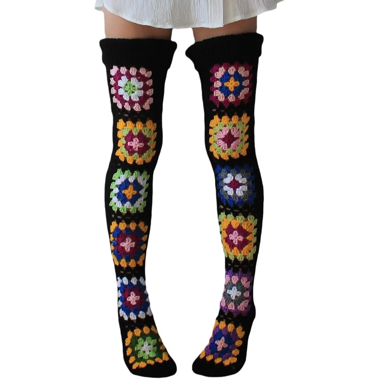 Women's Slim Vintage Crochet Granny Square Thigh-High Socks - Lady's Geometric Retro Knitted Over-Knee Colorful Leg Warmers, Sports & Outdoor Accessory Top, Fit, Stockings